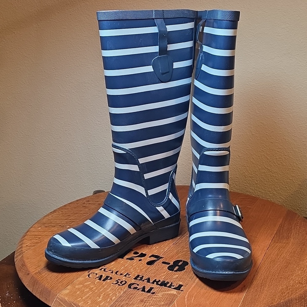 L.L. Bean Navy and White Nautical Striped Rain Boots Wellies Size 8 - Picture 3 of 11
